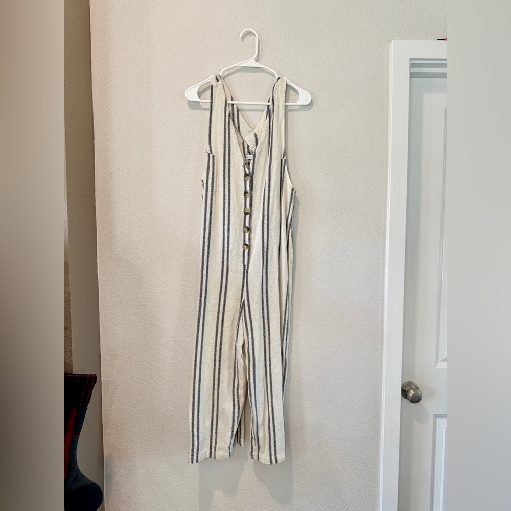 Urban Outfitters Striped Linen Button Front Jumpsuit Small | Beachy Minimalist - Picture 2 of 8